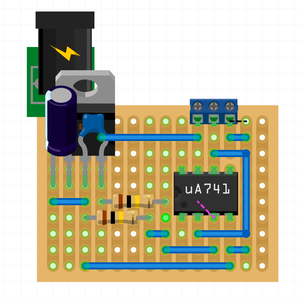 Stripboard layout for split-rail power supply