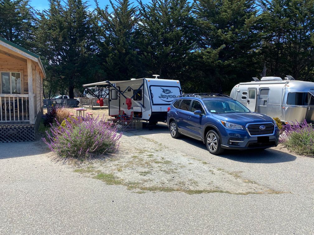 Subaru Ascent and Jayco Jay Feather 7 travel trailer in RV parking spot