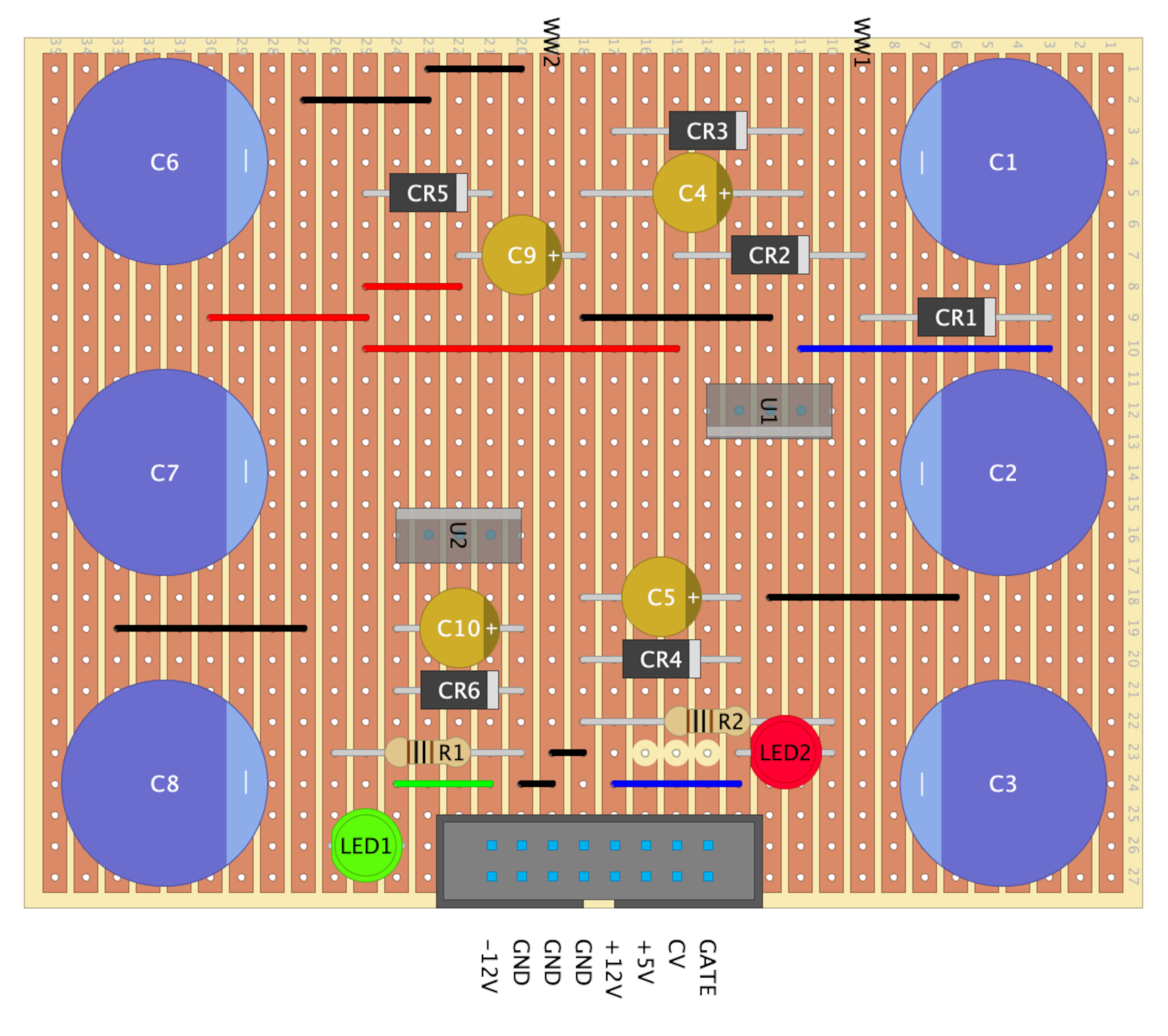 Stripboard layout illustration for dual power supply circuit
